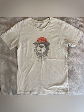 Montbell Monta Bear Graphic T-Shirt Large Pear Skin Cotton Hiking Tee Beige